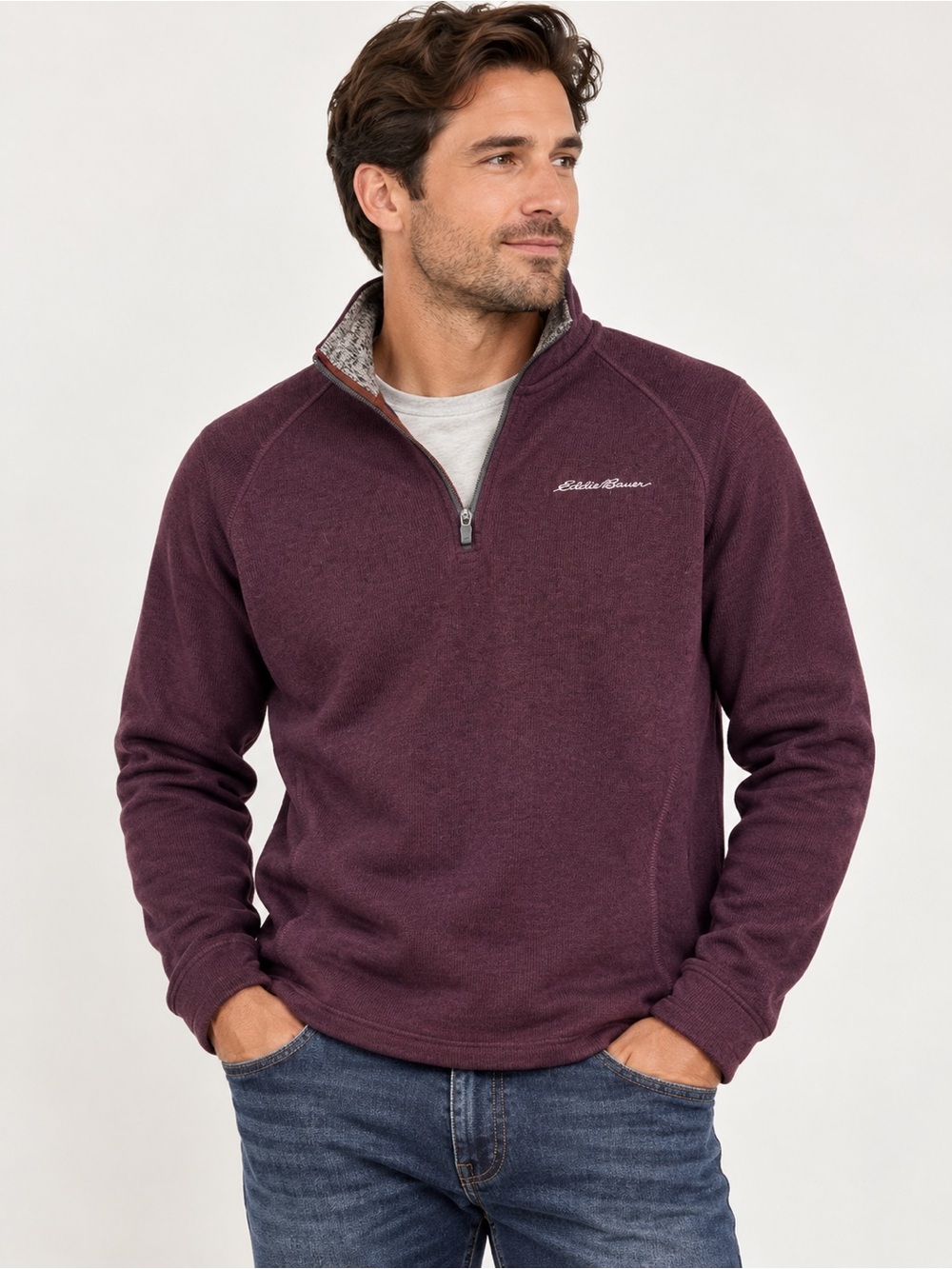 Eddie Bauer Men’s Burgundy Quarter Zip Fleece Pullover Size Large